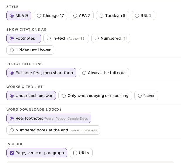 Oswin citation settings: style, citation form, repeat rules, works-cited placement