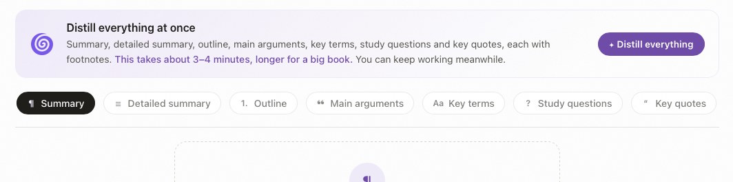 Distill everything at once: summary, detailed summary, outline, main arguments, key terms, study questions and key quotes