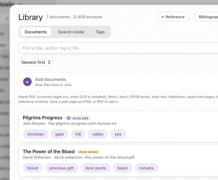 The Oswin library with titles, authors, tags and a study aids badge