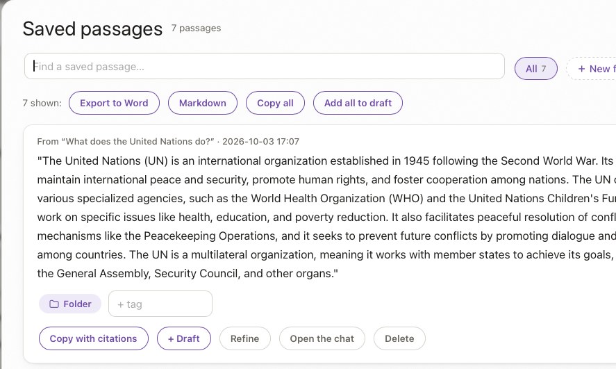 Saved passages in Oswin with export to Word, Markdown and add-all-to-draft