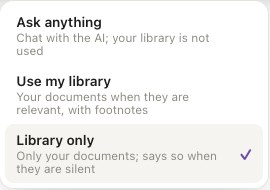 The mode menu in Oswin: Ask anything, Use my library, Library only